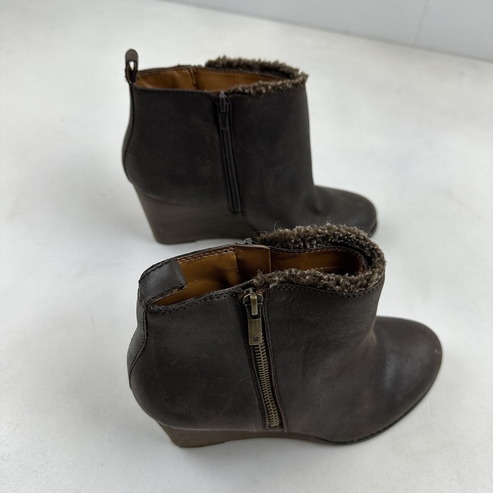 Lucky Brand Yorque Wedge Boots Size 9.5 Brown Leather Faux Fur Lined Side Zip - Picture 5 of 12